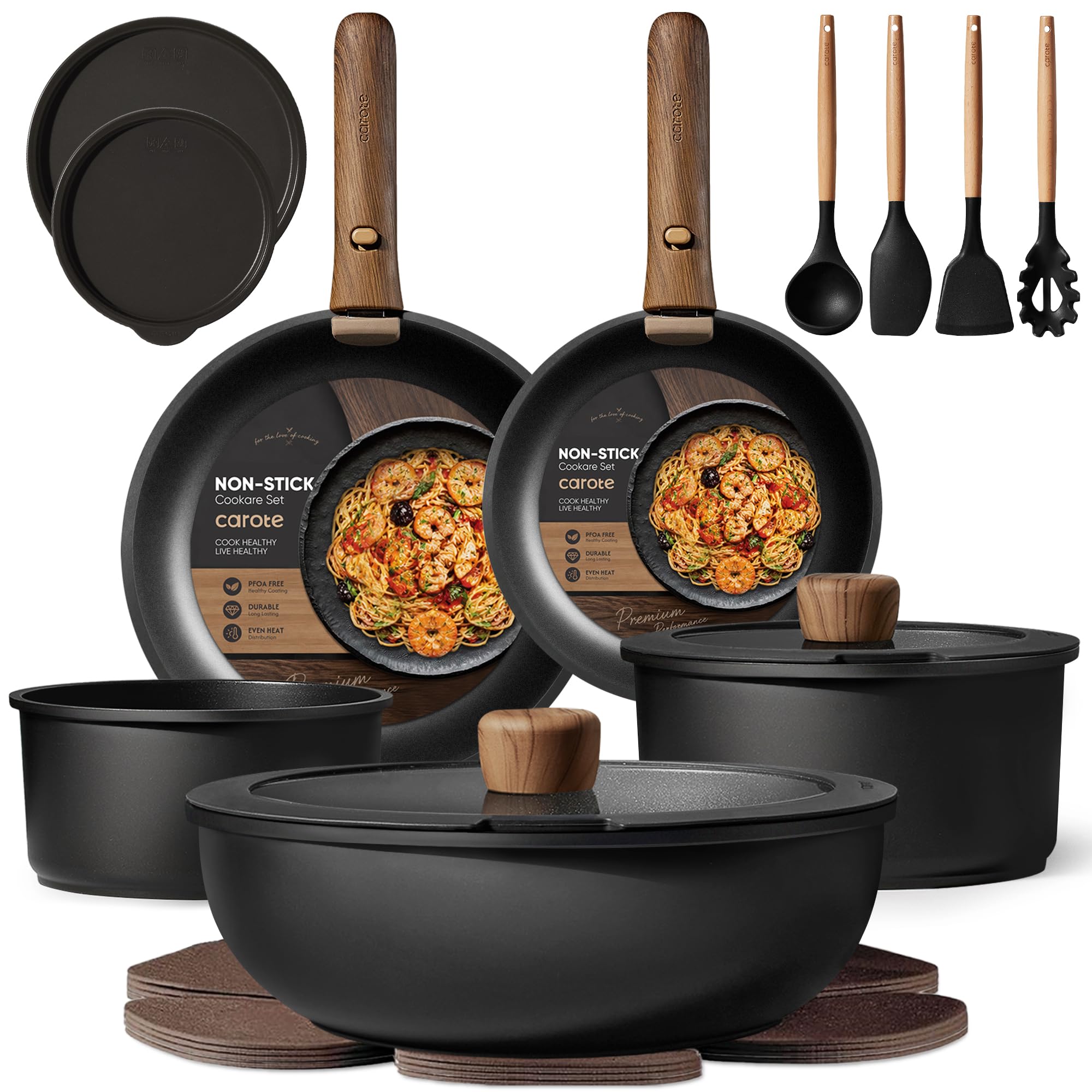 The nineteen pieces laid out together — two frying pans, three pots, lids, handles, pan protectors and the utensil set