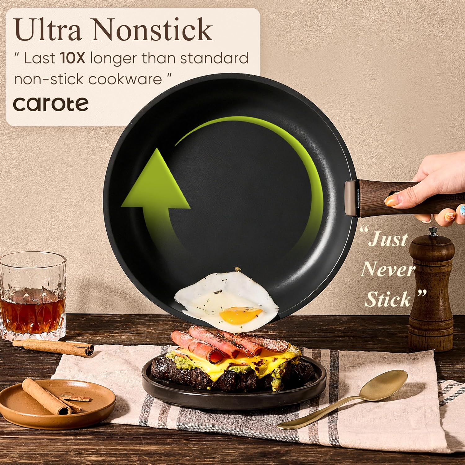 A detachable handle being clicked onto the rim of a pan